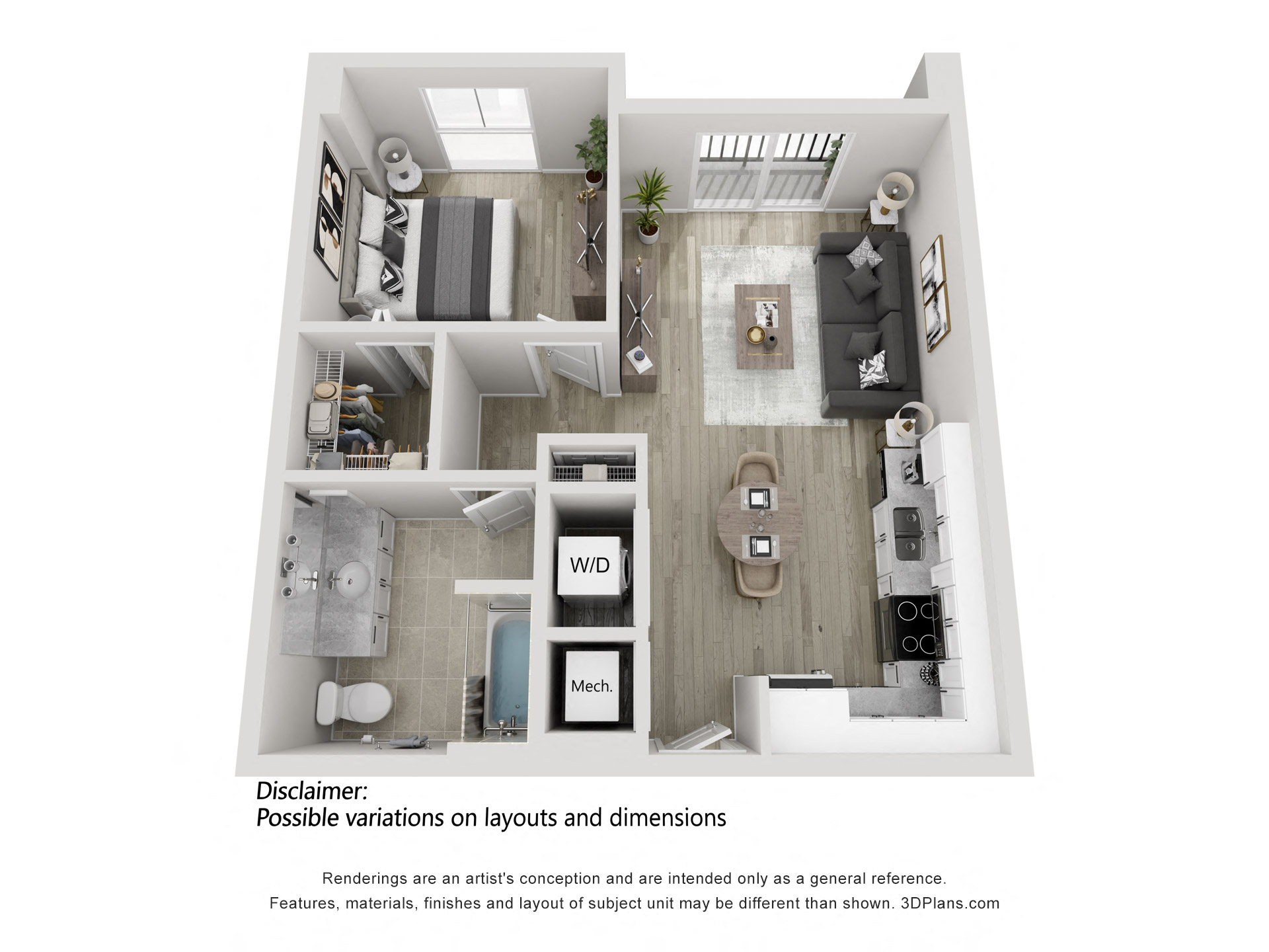 Floor plan for 1 bed, 1 bath, 662 sqft